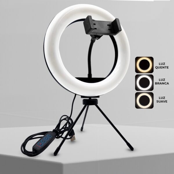 LUMINARIA RING LIGHT PORTTIL RECARREG&Aacute;VEL 20W COM TRIP&Eacute; SLF-21 AGOLD