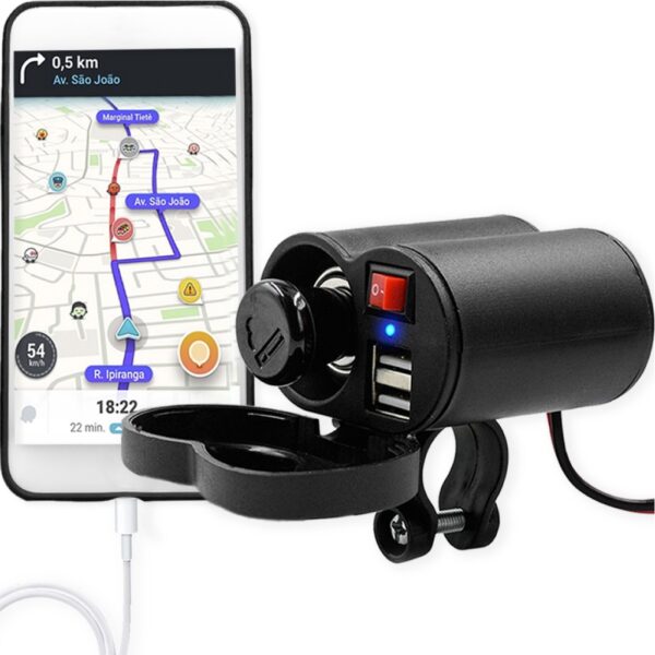 CARREGADOR USB 12-24V PARA CELULAR COM ACENDEDOR E CHAVE LIGA/DESLIGA AC-1410 ATEC