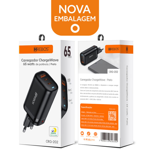 CARREGADOR USB + 2 USB C TIPO C 65W BLINK CHARGE CRG-386CC HREBOS PREMIUM CARREGADOR USB + 2 USB C TIPO C 65W BLINK CHARGE CRG-386CC HREBOS PREMIUM
