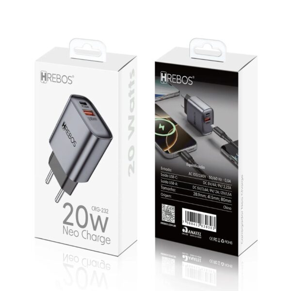 CARREGADOR USB + USB C LIGHTNING 20W NEO CHARGE CRG-232 HREBOS