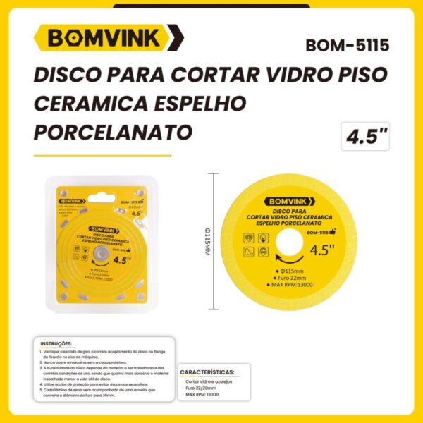 DISCO DIAMANTADO PARA VIDRO E PORCELANATO 4.0'' FURO 20MM BOM-5114 BOMVINK DISCO DIAMANTADO PARA VIDRO E PORCELANATO 4.0'' FURO 20MM BOM-5114 BOMVINK