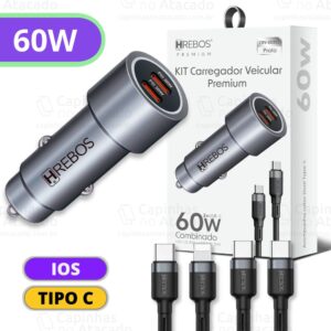 FONTE VEICULAR USB C 60W SAIDA DUPLA HREBOS CRV-202
