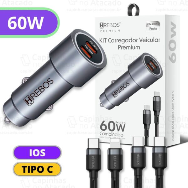 FONTE VEICULAR USB C 60W SAIDA DUPLA HREBOS CRV-202