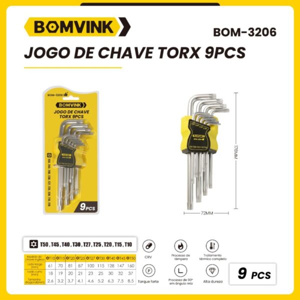 KIT CHAVE TORX COM GUIA T10 A T50 COM 09 PÇS BOM-3206 BOMVINK KIT CHAVE TORX COM GUIA T10 A T50 COM 09 PÇS BOM-3206 BOMVINK