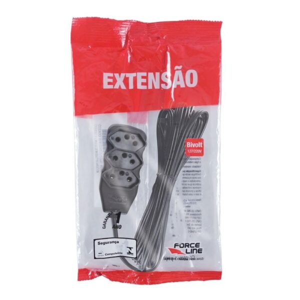 EXTENSAO 5 METROS 3 TOMADAS 10A SLIM TRIPOLAR PRETO BIVOLT FORCE LINE