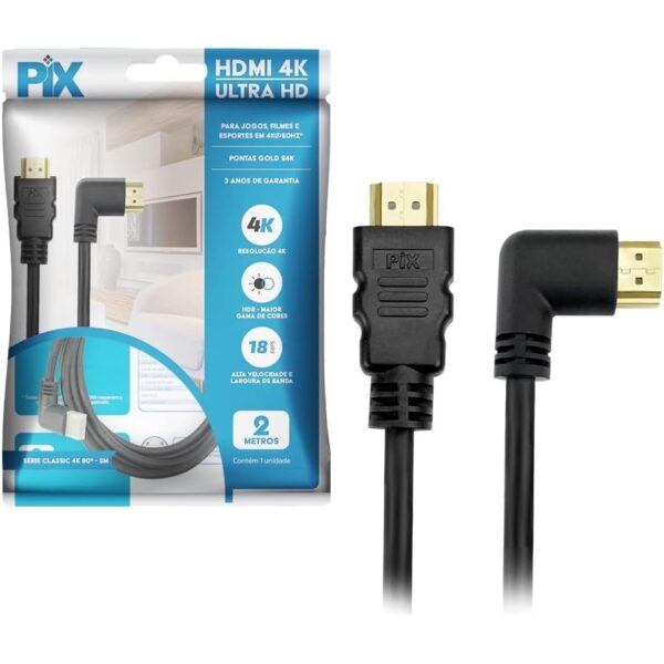 CABO HDMI 2MTS PIX VERSAO 20 4K 19 PINOS PLUG 90 GRAUS 2 METROS CABO HDMI 2MTS PIX VERSAO 20 4K 19 PINOS PLUG 90 GRAUS 2 METROS
