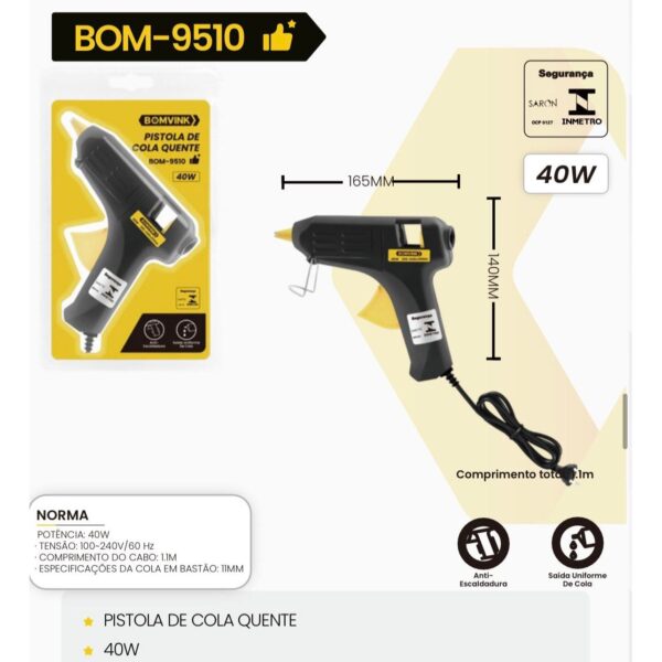 PISTOLA DE COLA QUENTE 40W BOM-9510 BOM-9510 BOMVINK PISTOLA DE COLA QUENTE 40W BOM-9510 BOM-9510 BOMVINK