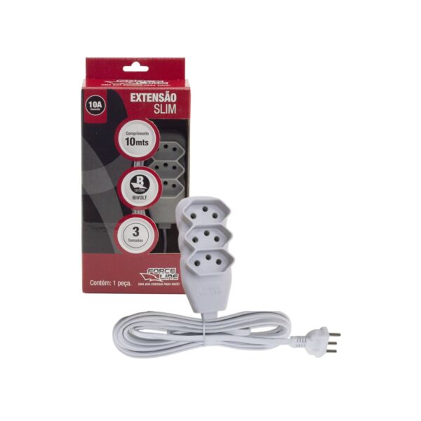 EXTENSAO 10 METROS 3 TOMADAS 10A SLIM BIPOLAR BRANCO VIVOLT FORCE LINE