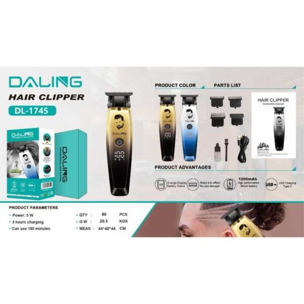 MAQUINA DE CORTE RECARREGÁVEL PROFISSIONAL HAIR CLIPPER DL-1745 DALING