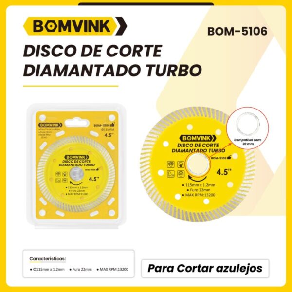 DISCO DE CORTE DIAMANTADO TURBO 4.5'' FURO 22MM BOM-5106 BOMVINK