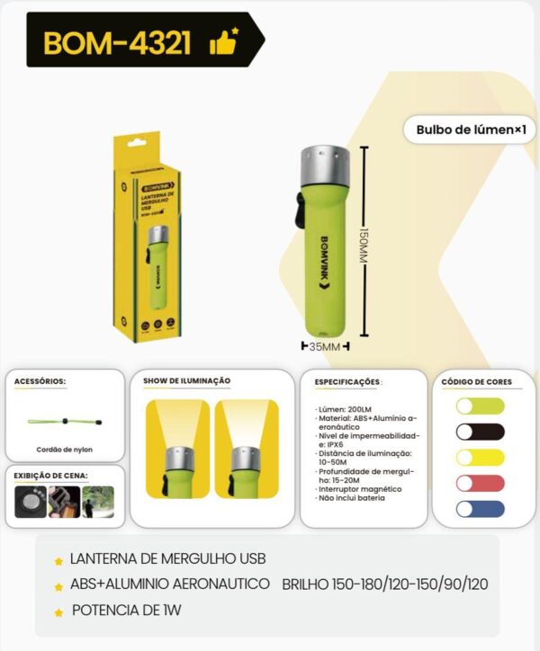 LANTERNA DE MERGULHO 15-20M 200 LUMENS BOM-4321 BOMVINK