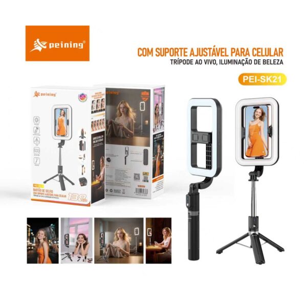 BASTÃO DE SELFIE BLUETOOTH COM TRIPÉ RING LIGHT E CONTROLE 138CM PEI-SK21 PEINING BASTÃO DE SELFIE BLUETOOTH COM TRIPÉ RING LIGHT E CONTROLE 138CM PEI-SK21 PEINING
