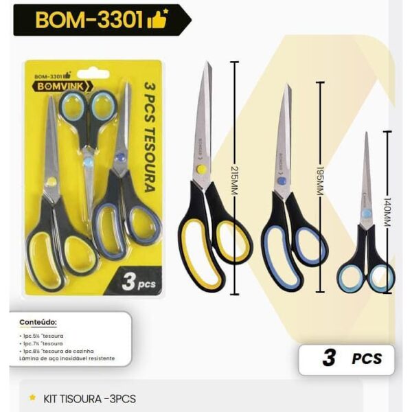 KIT TESOURAS MULTIUSO 3 PE&Ccedil;AS BOM-3301 BOMVINK