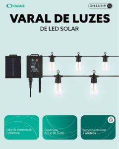 SISTEMA DE ILUMINA&Ccedil;&Atilde;O PORT&Aacute;TIL CARREGAMENTO SOLAR E USB ON-LU119 COM CONTROLE ONISTEK